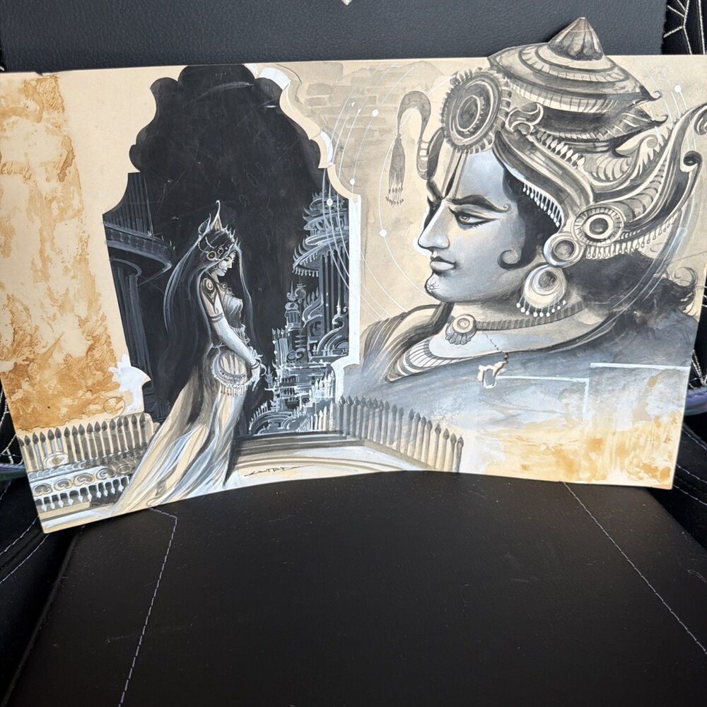 Original Charcoal And Acrylic Grayscale Painting Of Radha And Krishna 14.25 X 10
